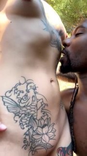 A tattooed whore in the open air sucks the boss s tits and then kisses him with her pussy.